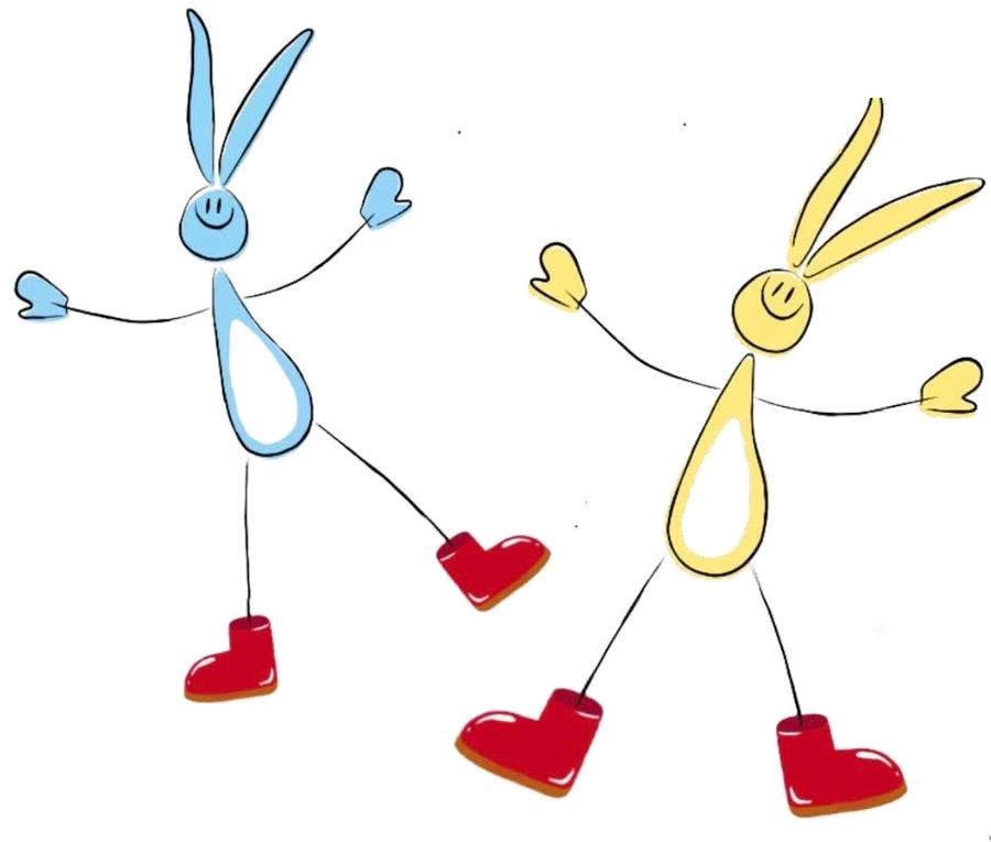 Two hand-drawn bunnies — one sky-blue, one sunny-yellow — in red wellington boots